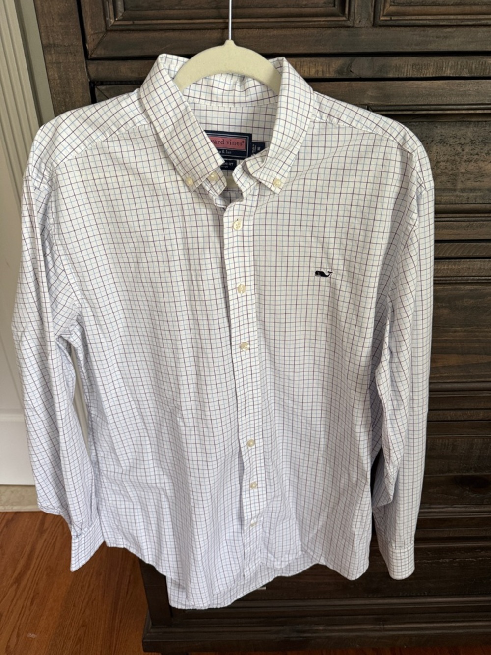 Vineyard Vines White Button-Down Shirt with Blue and Purple Windowpane